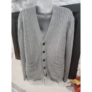 VINTAGE John Blair Sweater Mens M REG Grey Cable Knit Cardigan Pockets Button Up